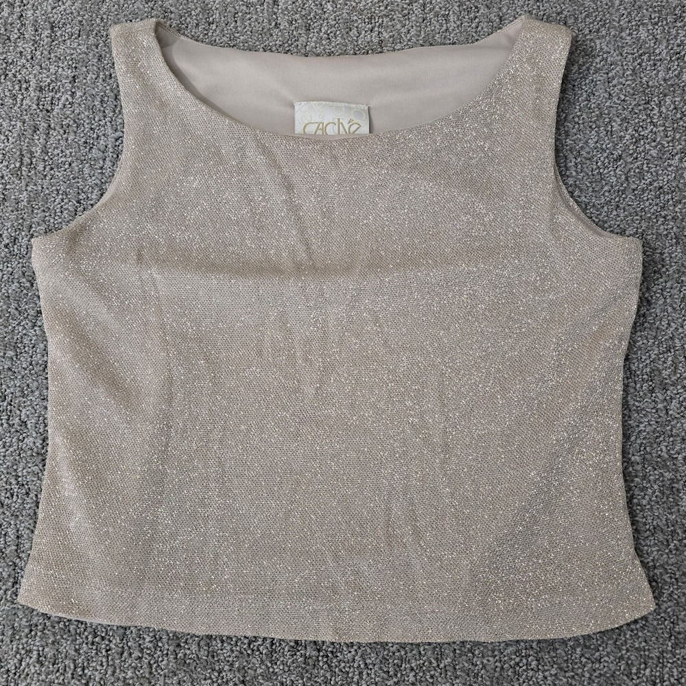 Cache Gold Metallic Knit Cropped Tank Top Sleeveless Womens Size‎ 6